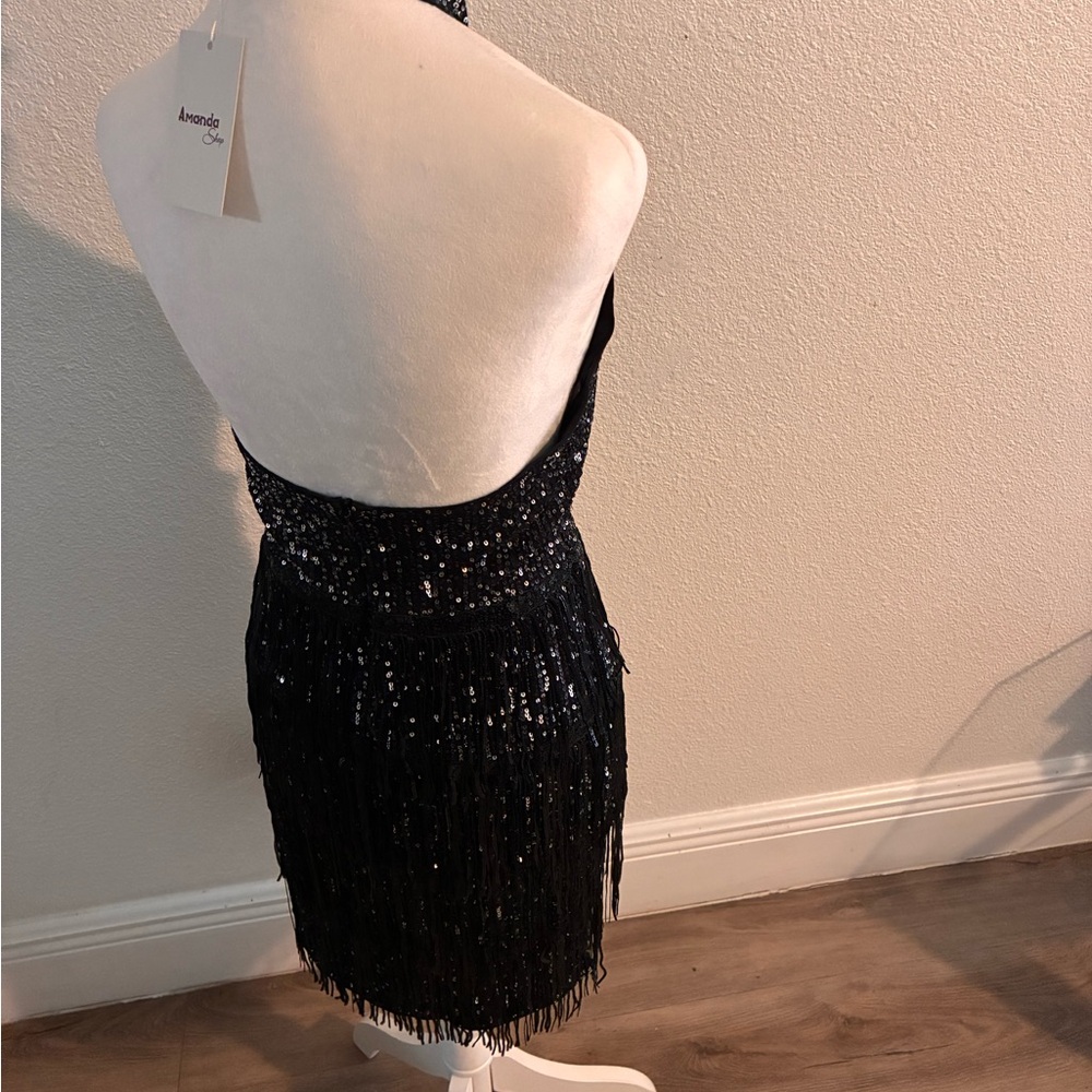 Amanda Uprichard Black Sequin Backless Dress